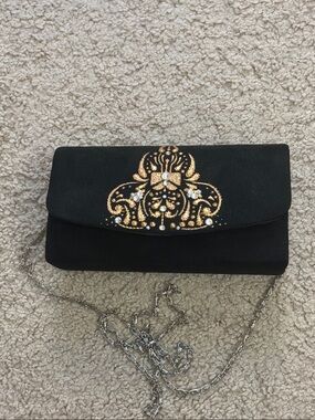 Black Embellished Evening Clutch with Gold Accent